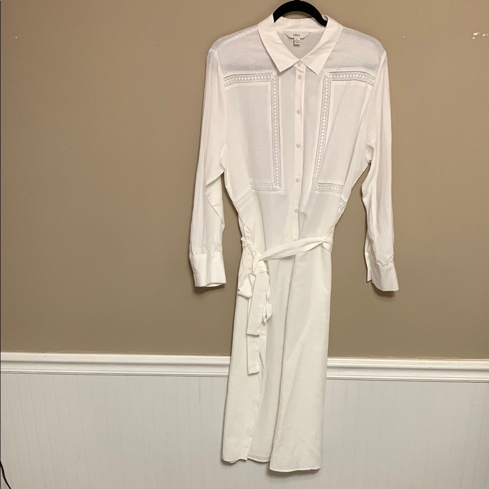 M&S Women Linen Rich Belted Collection Elegant White Shirt Dress Size 18 Quiet